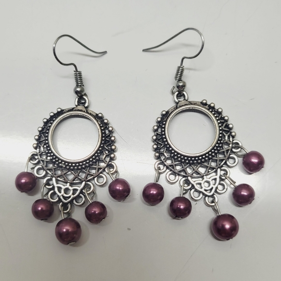 * Dangle Silverstone purple bead 2" earrings - Picture 4 of 7